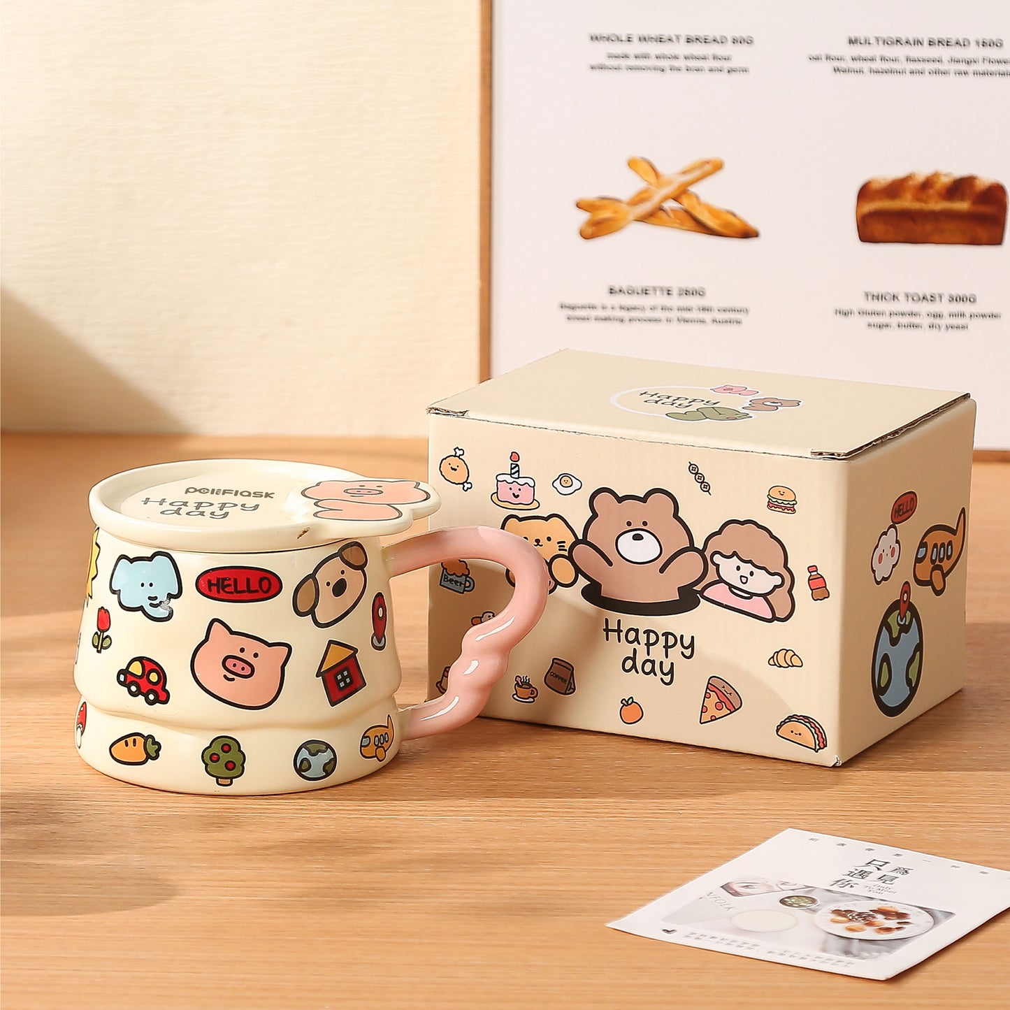 Peliflask Cute Cartoon Graffiti Ceramic Mug with Lid – 400ML Aesthetic Coffee Cup