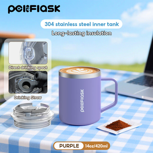 Peliflask 14oz Insulated Coffee Mug with Handle & Lid – Stainless Steel Thermal Cup for Office & Home