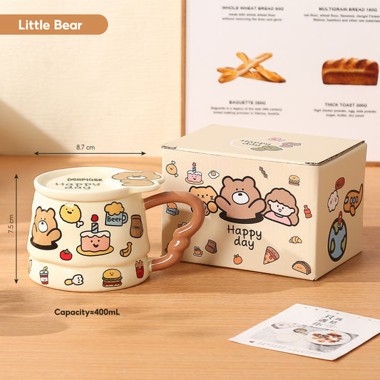 Peliflask Cute Cartoon Graffiti Ceramic Mug with Lid – 400ML Aesthetic Coffee Cup