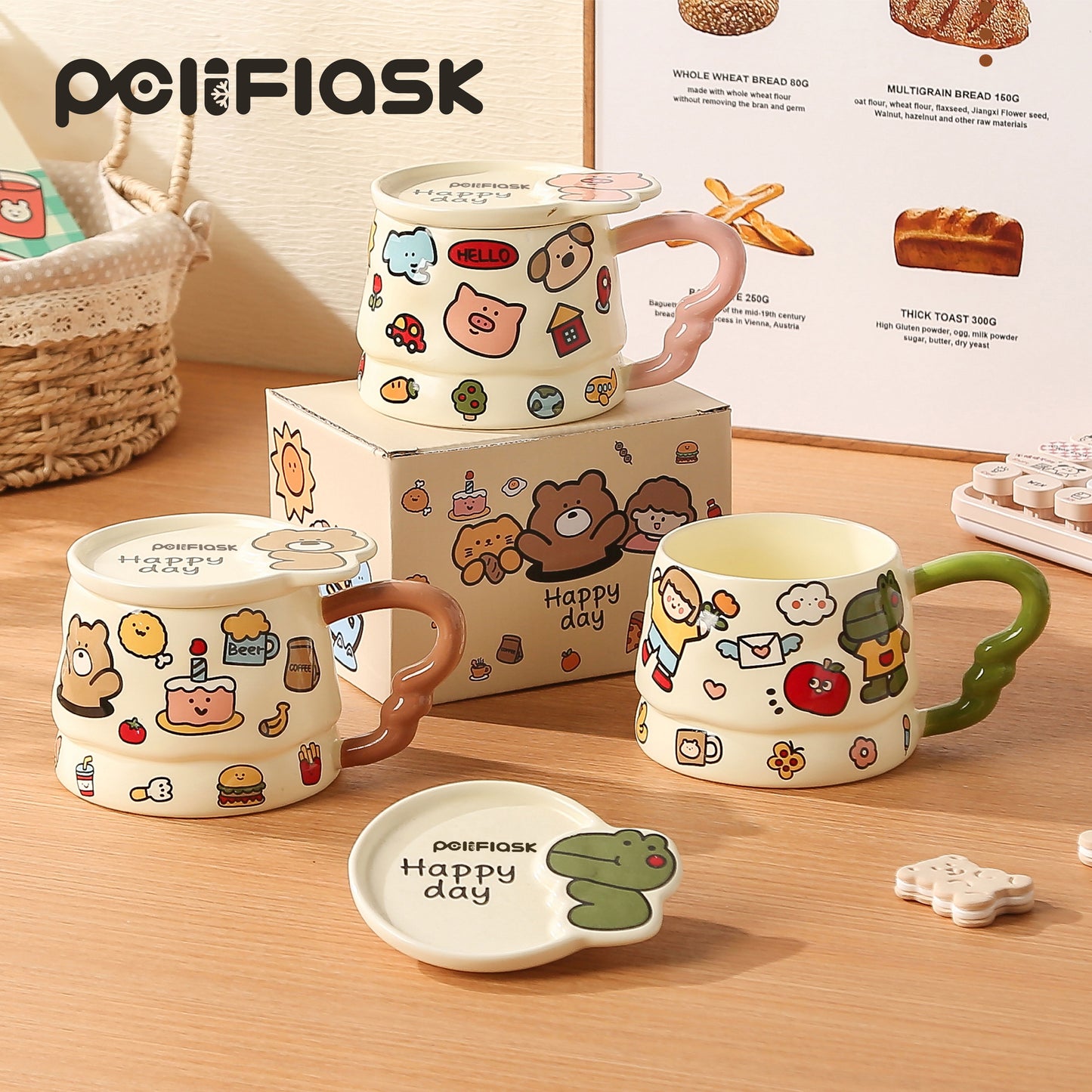 Peliflask Cute Cartoon Graffiti Ceramic Mug with Lid – 400ML Aesthetic Coffee Cup