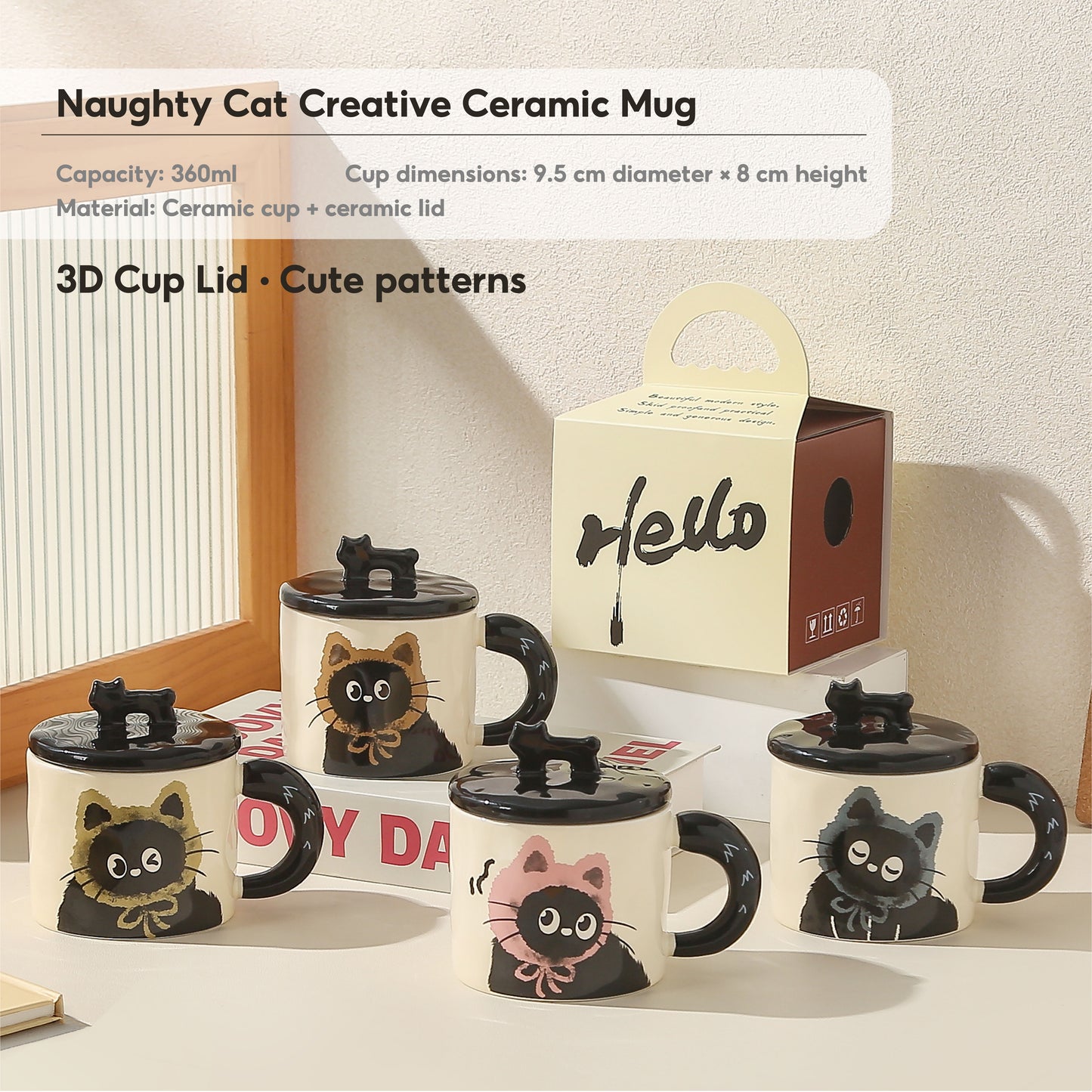 Peliflask Cute Cat Ceramic Mug with Lid – 360ML Kawaii Coffee Cup Gift