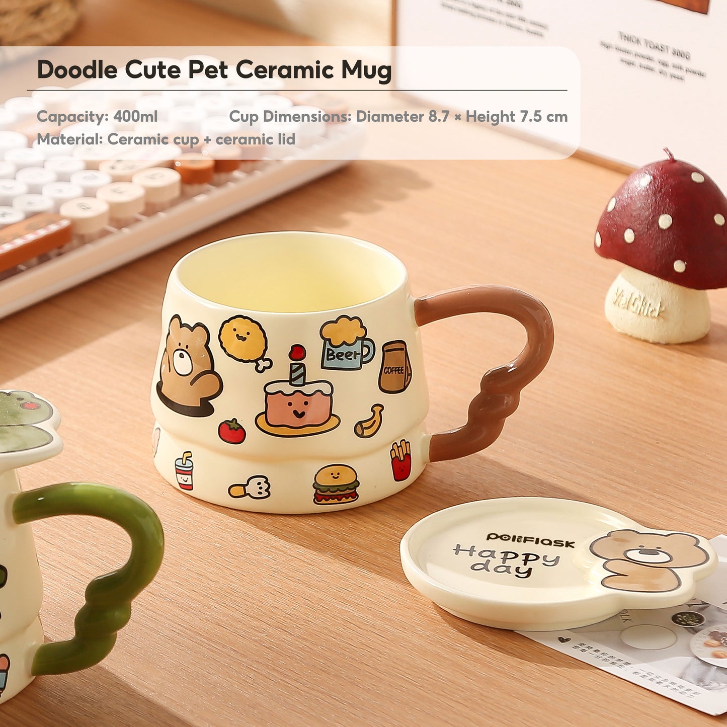 Peliflask Cute Cartoon Graffiti Ceramic Mug with Lid – 400ML Aesthetic Coffee Cup
