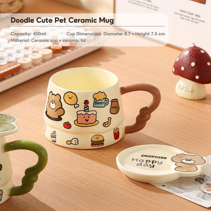 Peliflask Cute Cartoon Graffiti Ceramic Mug with Lid – 400ML Aesthetic Coffee Cup