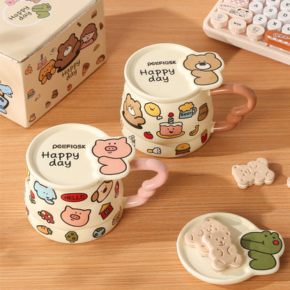 Peliflask Cute Cartoon Graffiti Ceramic Mug with Lid – 400ML Aesthetic Coffee Cup