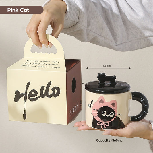 Peliflask Cute Cat Ceramic Mug,With Lid Coffee Cup-360ML