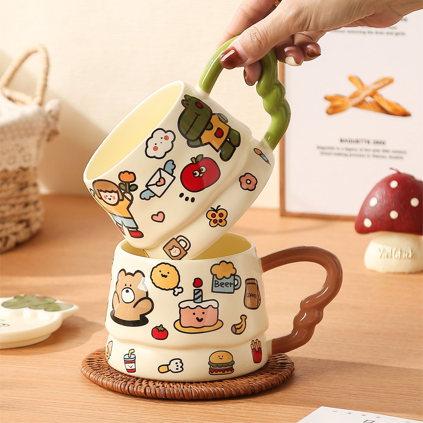 Peliflask Cute Cartoon Graffiti Ceramic Mug with Lid – 400ML Aesthetic Coffee Cup