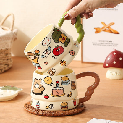 Peliflask Cute Cartoon Graffiti Ceramic Mug with Lid – 400ML Aesthetic Coffee Cup