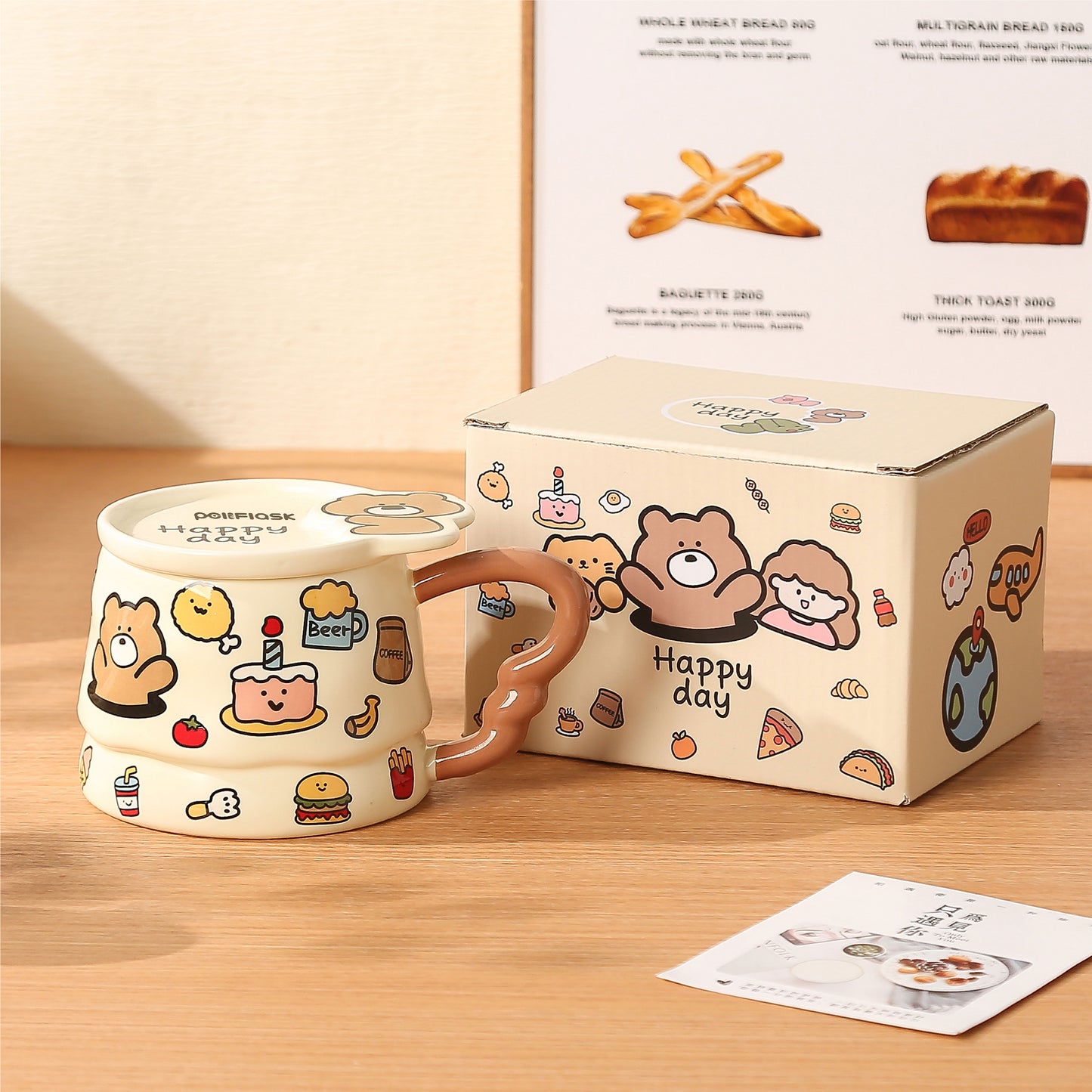 Peliflask Cute Cartoon Graffiti Ceramic Mug with Lid – 400ML Aesthetic Coffee Cup