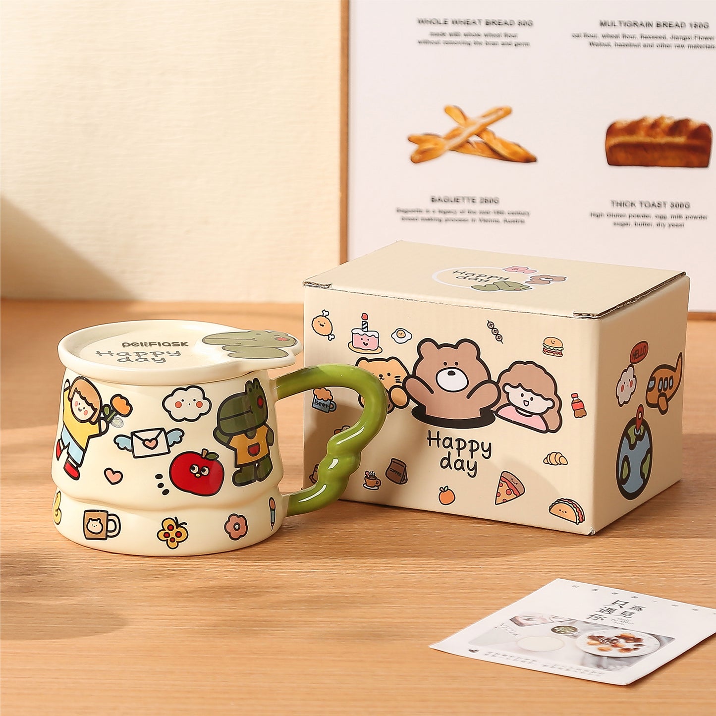 Peliflask Cute Cartoon Graffiti Ceramic Mug with Lid – 400ML Aesthetic Coffee Cup