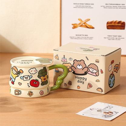 Peliflask Cute Cartoon Graffiti Ceramic Mug with Lid – 400ML Aesthetic Coffee Cup