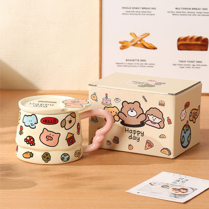 Peliflask Cute Cartoon Graffiti Ceramic Mug with Lid – 400ML Aesthetic Coffee Cup