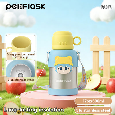 Peliflask 500ml Kids Insulated Water Bottle with Straw – Cartoon Leakproof School Tumbler with Strap