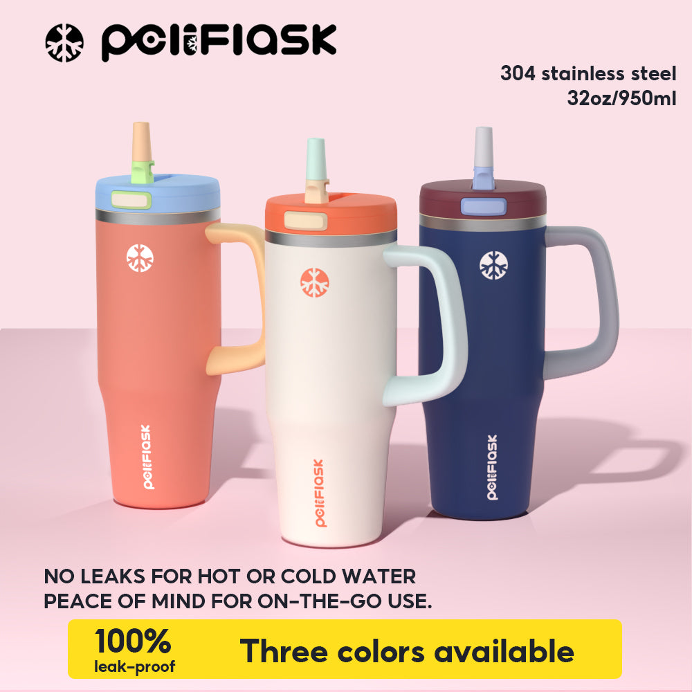 Peliflask 32oz Stainless Steel Insulated Tumbler with Foldable Straw & Handle – Leakproof Travel Cup