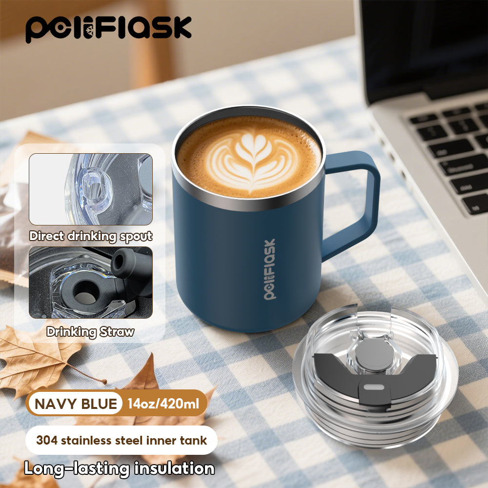 Peliflask 14oz Insulated Coffee Mug with Handle & Lid – Stainless Steel Thermal Cup for Office & Home