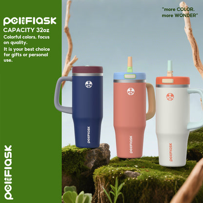 Peliflask 32oz Stainless Steel Insulated Tumbler with Foldable Straw & Handle – Leakproof Travel Cup