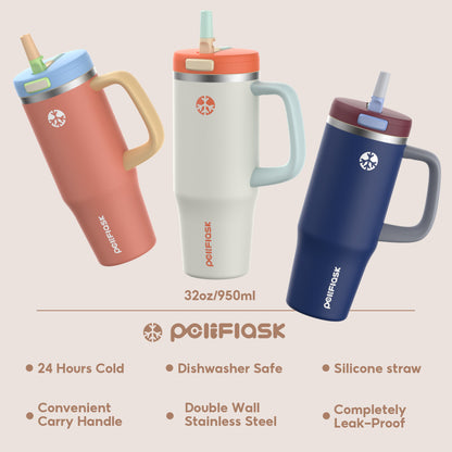 Peliflask 32oz Stainless Steel Insulated Tumbler with Foldable Straw & Handle – Leakproof Travel Cup