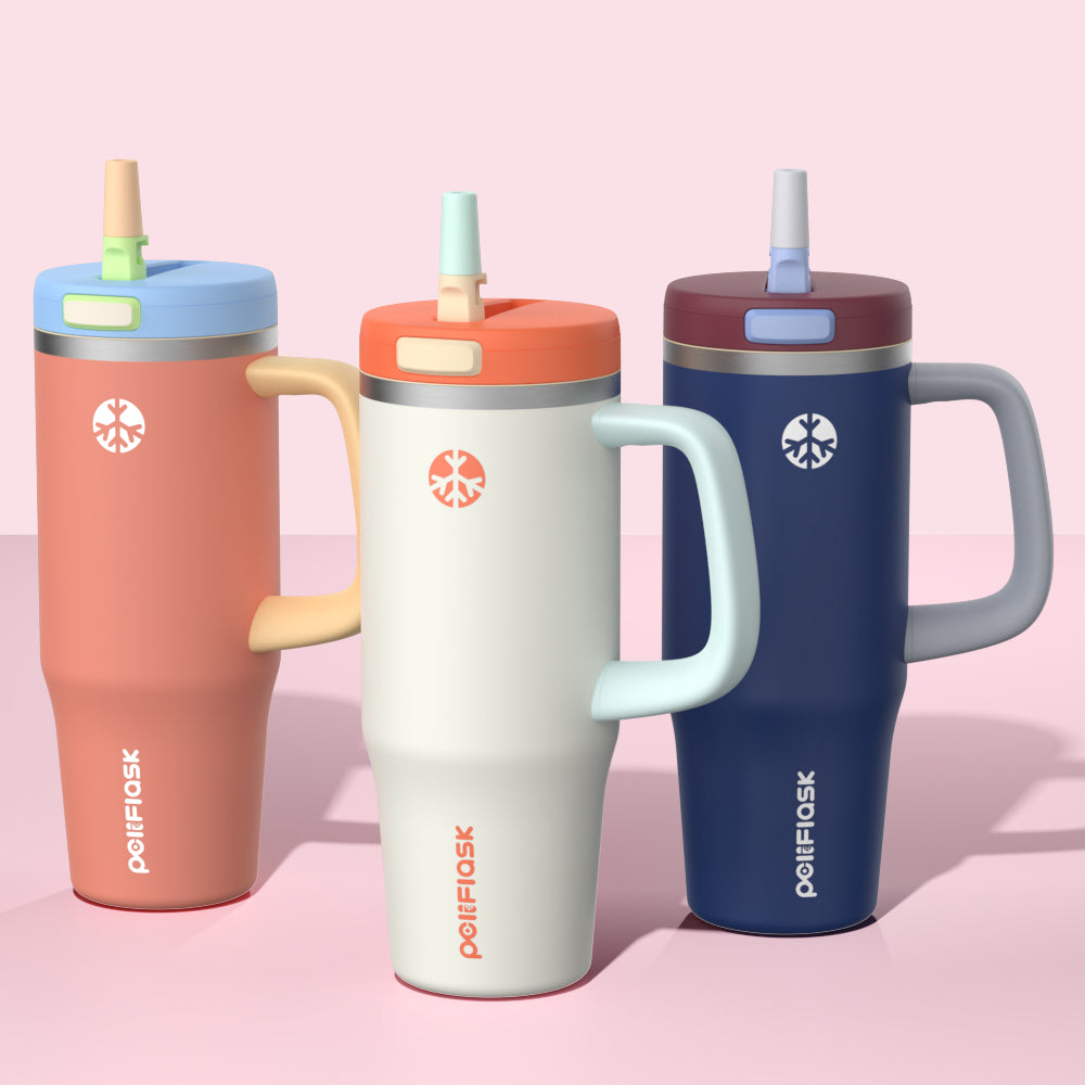 Peliflask 32oz Stainless Steel Insulated Tumbler with Foldable Straw & Handle – Leakproof Travel Cup