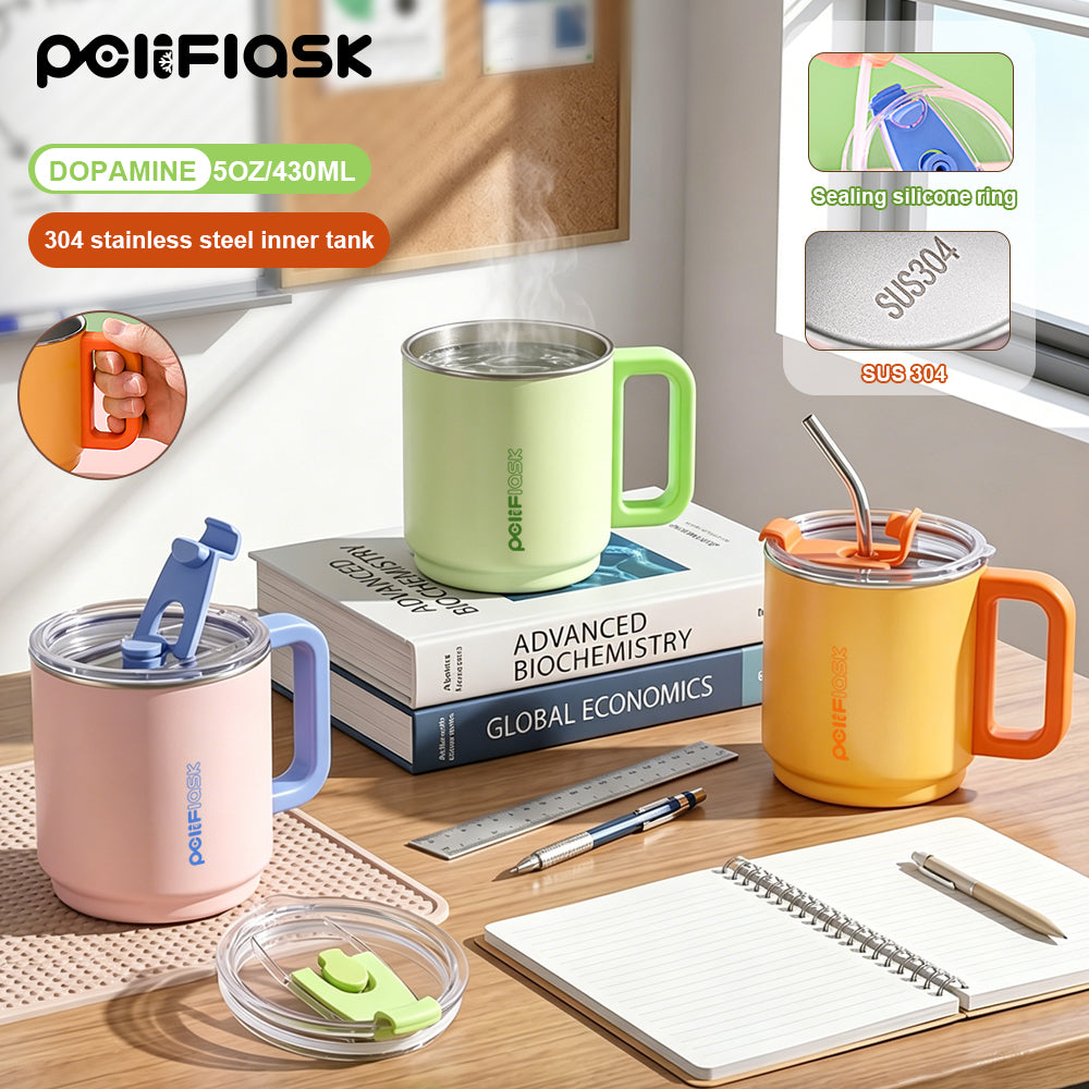 Peliflask 15oz Dopamine Stainless Steel Coffee Mug with Handle & Straw – Insulated Tumbler for Office, Home & Travel