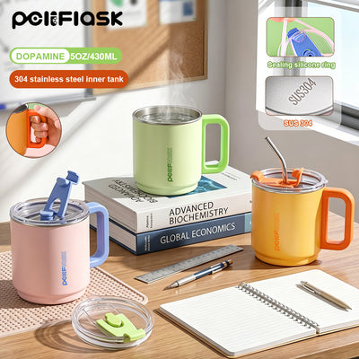 Peliflask 15oz Dopamine Stainless Steel Coffee Mug with Handle & Straw – Insulated Tumbler for Office, Home & Travel