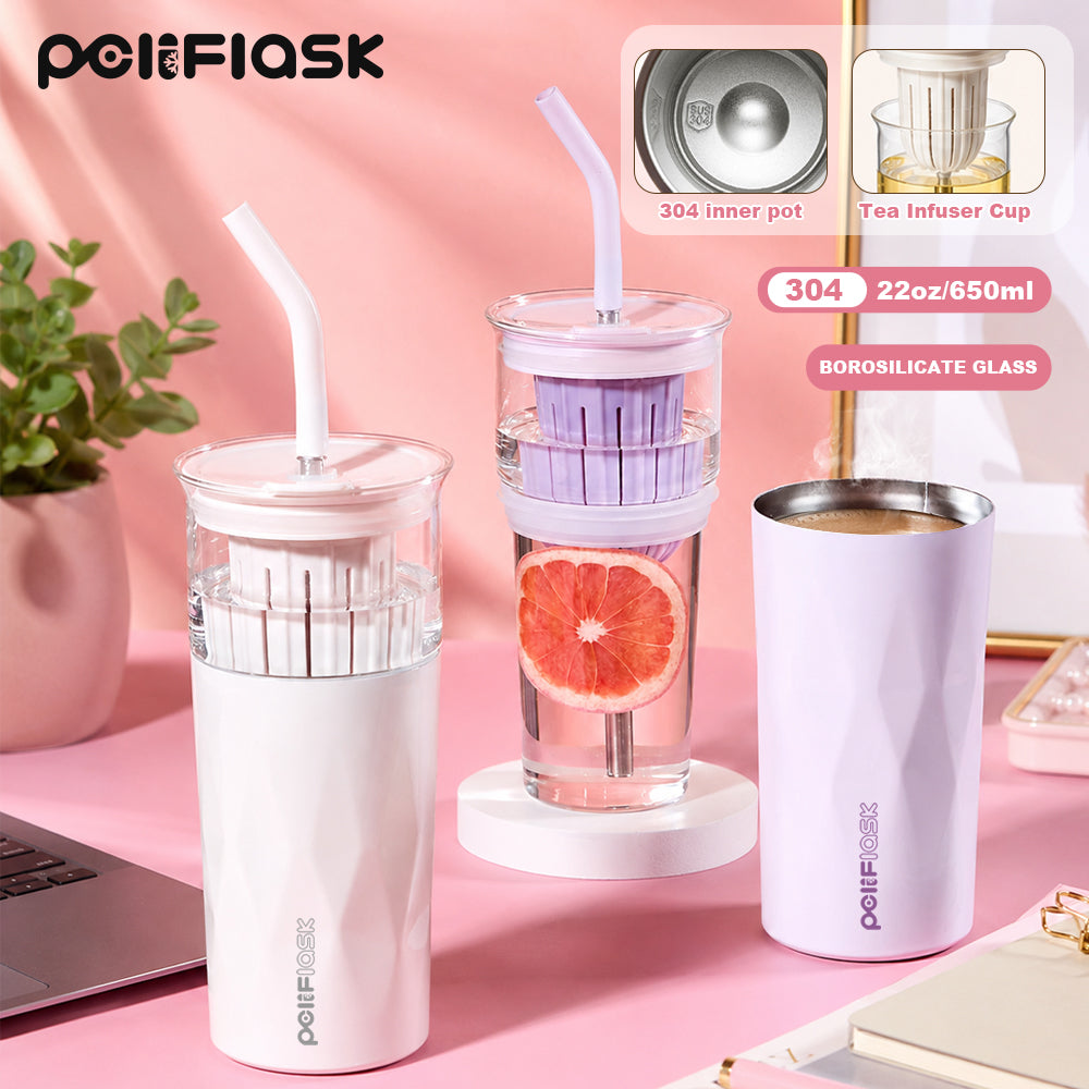 Peliflask 22oz/650ml 3-in-1 Tea Tumbler with Infuser &amp; Straw – Borosilicate Glass Cup + SUS 304 Stainless Steel Insulated Coffee Cup