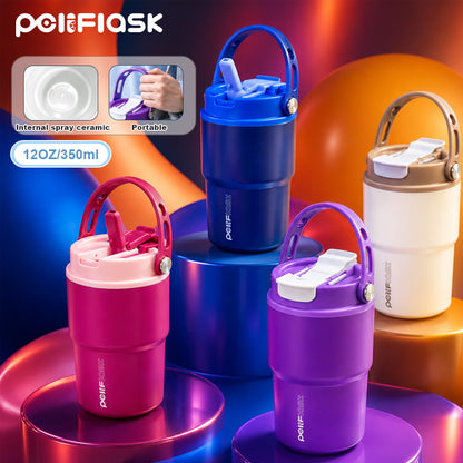 Peliflask 12oz Ceramic Coffee Mug with Soft Handle & Sip/Straw Lid – Portable Cup for Office & Home