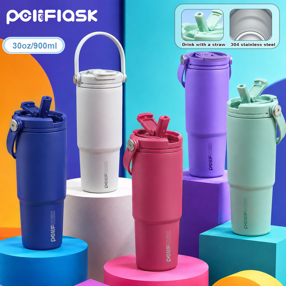 Peliflask 30oz Insulated Tumbler with Soft Carry Handle and Flip Straw Lid