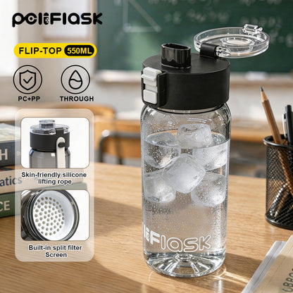 Peliflask 550ML Flip-Top Water Bottle – Leakproof Portable Drinking Bottle with Built-In Filter & Silicone Strap