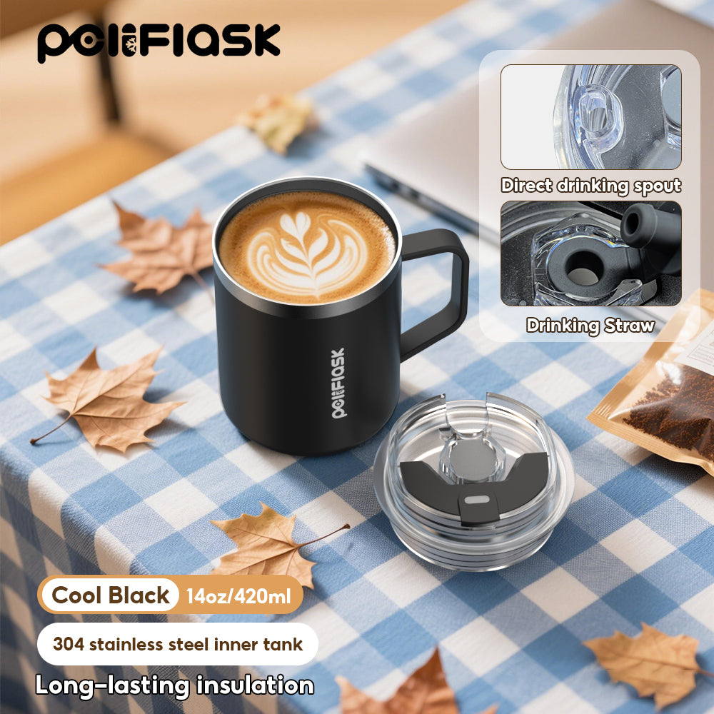 Peliflask 14oz Insulated Coffee Mug with Handle & Lid – Stainless Steel Thermal Cup for Office & Home