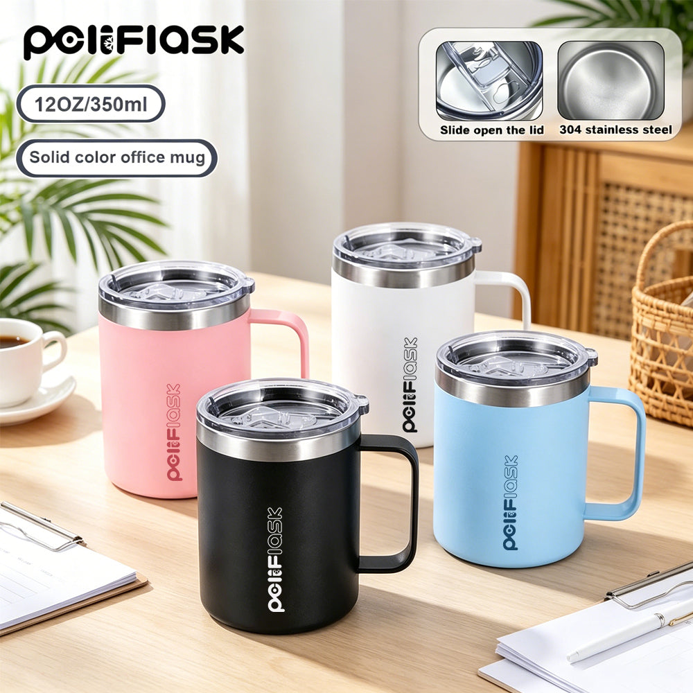 Peliflask 12oz Insulated Coffee Mug with Handle & Splash-Proof Lid – 304 Stainless Steel Thermal Cup for Home, Office & Daily Use