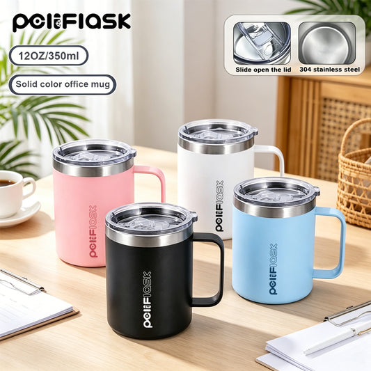 Peliflask 12oz Insulated Coffee Mug with Handle & Splash-Proof Lid – 304 Stainless Steel Thermal Cup for Home, Office & Daily Use