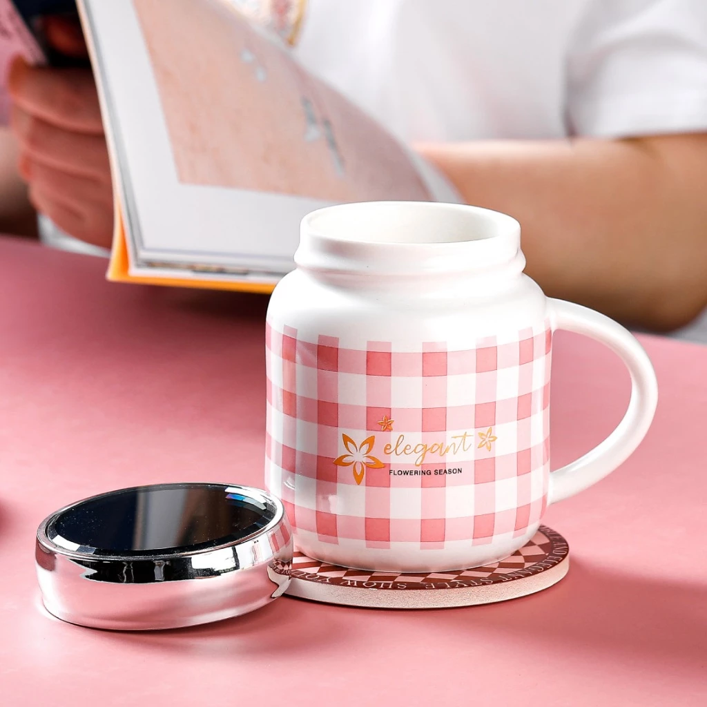 Peliflask 400ML Checkered Mirror Ceramic Mug – Cute Coffee Cup for Office, Breakfast & Daily Use
