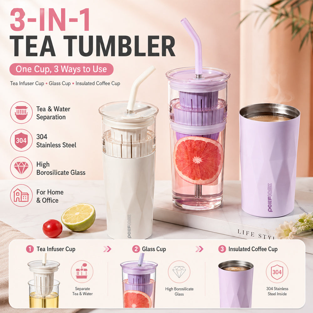 Peliflask 22oz/650ml 3-in-1 Tea Tumbler with Infuser &amp; Straw – Borosilicate Glass Cup + SUS 304 Stainless Steel Insulated Coffee Cup