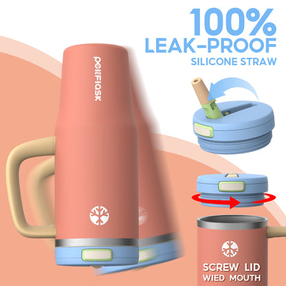 Peliflask 32oz Stainless Steel Insulated Tumbler with Foldable Straw & Handle – Leakproof Travel Cup