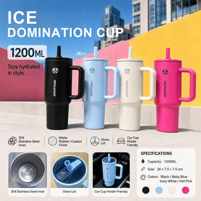 Peliflask 40oz Ice Tyrant Stainless Steel Insulated Tumbler with Handle &amp; Straw Lid – 1200ml Large Capacity Car Cup for Cold &amp; Hot Drinks