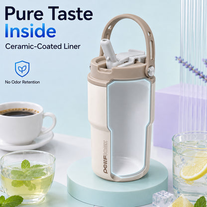 Peliflask 12oz Ceramic Coffee Mug with Soft Handle & Sip/Straw Lid – Portable Cup for Office & Home