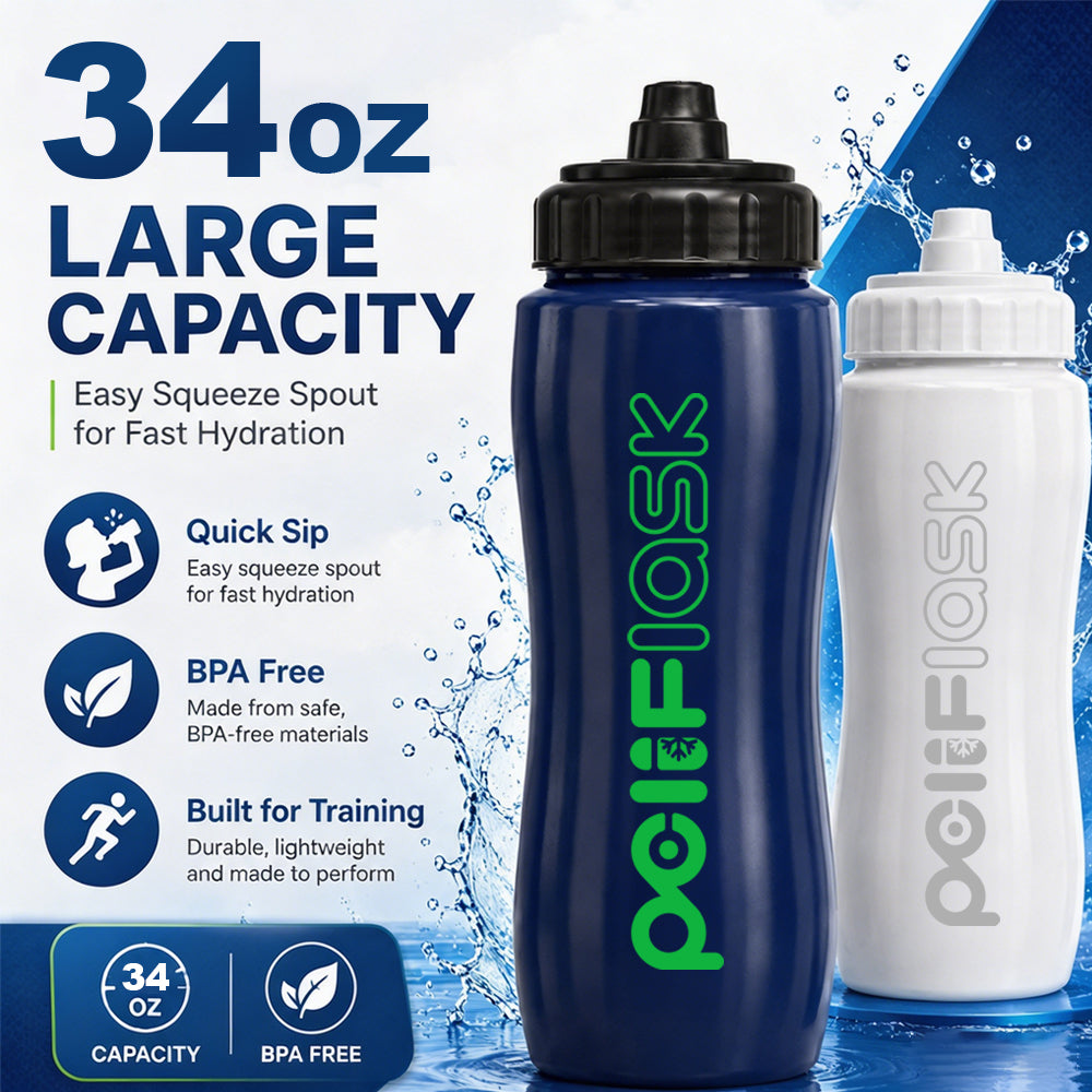 Peliflask 34oz Sports Water Bottle 1000ml with Squeeze Spout BPA-Free Leak-Proof for Basketball Football Gym Cycling Outdoor Training