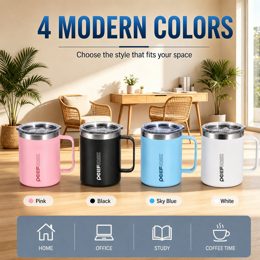 Peliflask 12oz Insulated Coffee Mug with Handle & Splash-Proof Lid – 304 Stainless Steel Thermal Cup for Home, Office & Daily Use