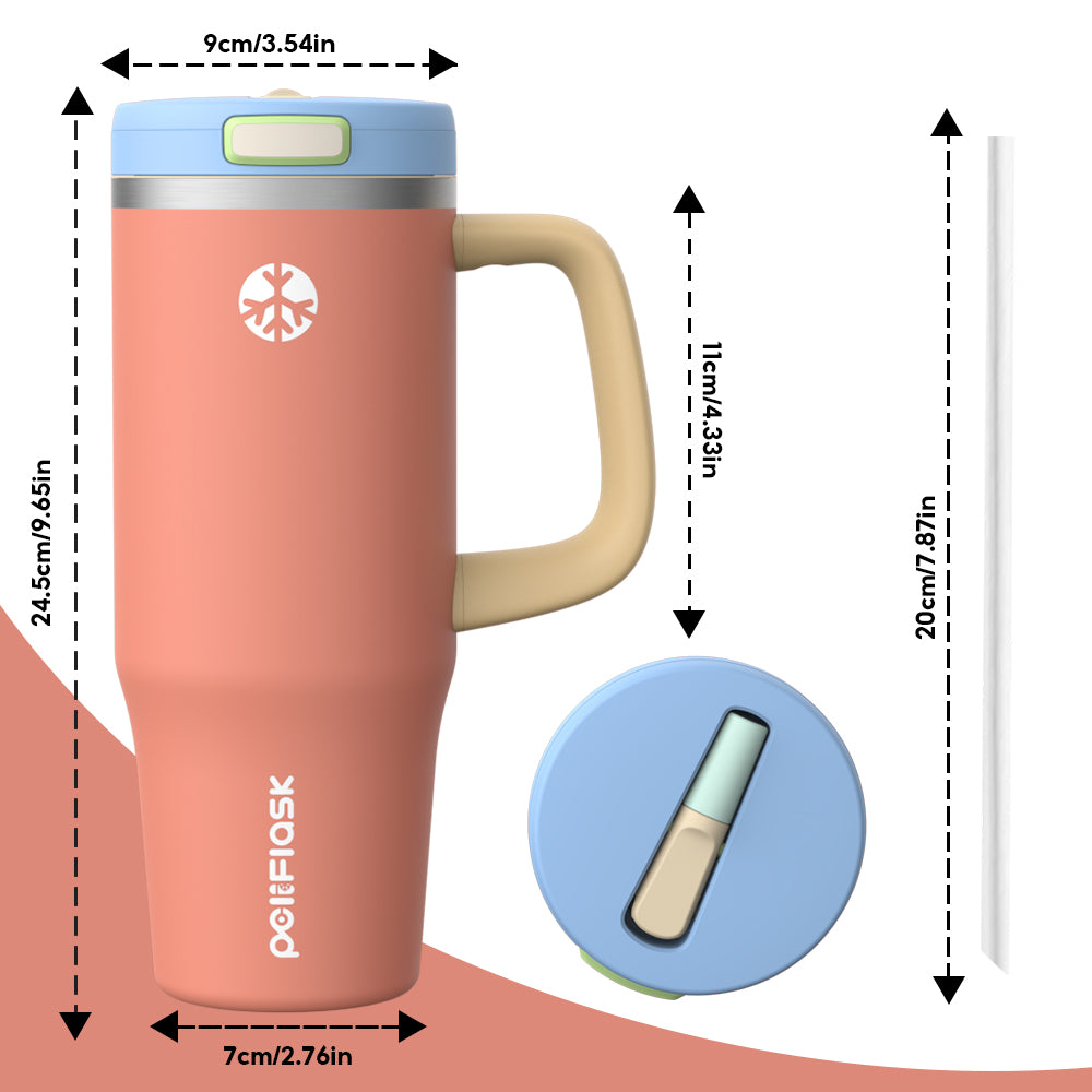 Peliflask 32oz Stainless Steel Insulated Tumbler with Foldable Straw & Handle – Leakproof Travel Cup