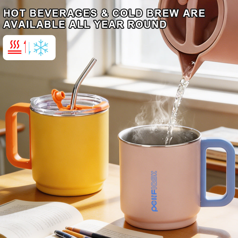 Peliflask 15oz Dopamine Stainless Steel Coffee Mug with Handle & Straw – Insulated Tumbler for Office, Home & Travel