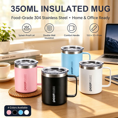 Peliflask 12oz Insulated Coffee Mug with Handle & Splash-Proof Lid – 304 Stainless Steel Thermal Cup for Home, Office & Daily Use