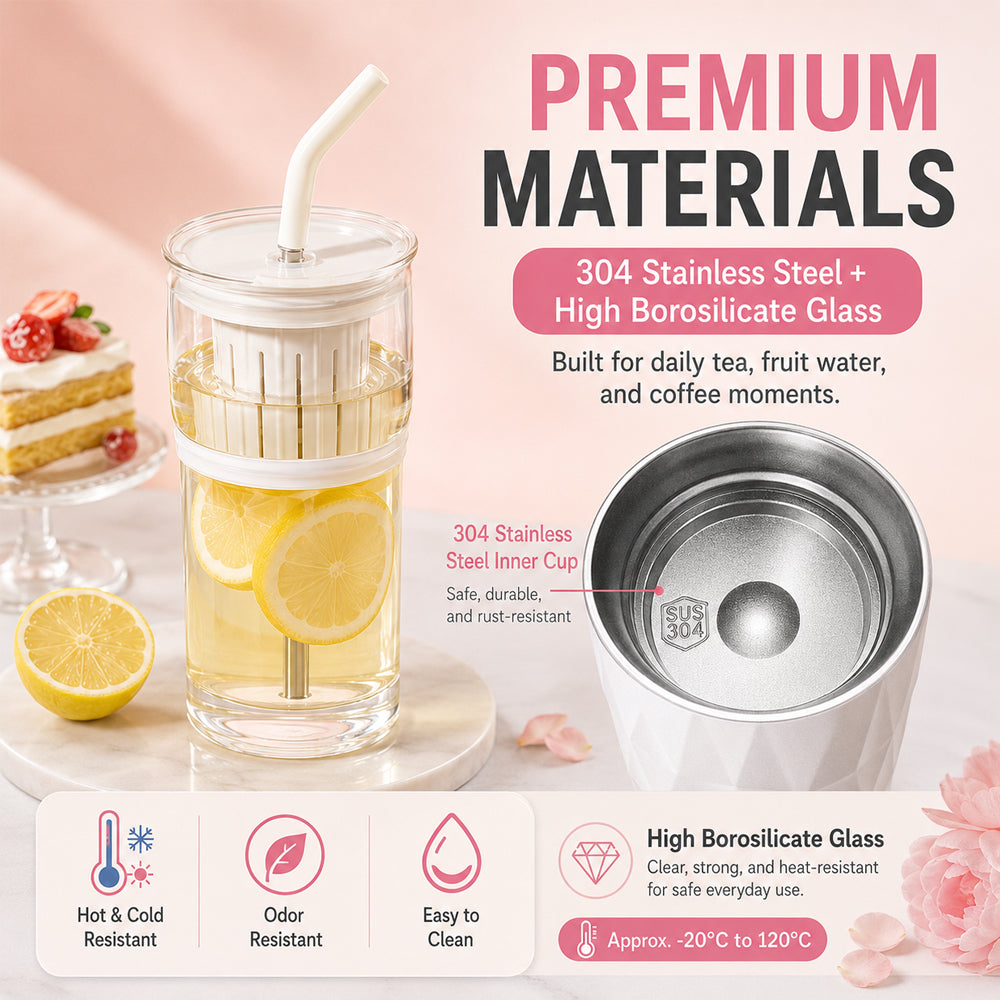 Peliflask 22oz/650ml 3-in-1 Tea Tumbler with Infuser &amp; Straw – Borosilicate Glass Cup + SUS 304 Stainless Steel Insulated Coffee Cup