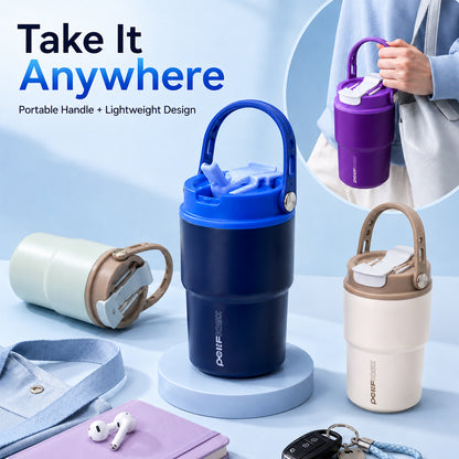 Peliflask 12oz Ceramic Coffee Mug with Soft Handle & Sip/Straw Lid – Portable Cup for Office & Home
