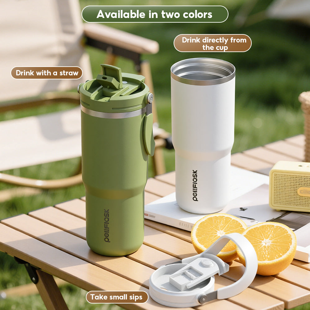 Peliflask 30/40oz Stainless Steel Thermos Portable Double-straw Cup Suitable For Outdoor