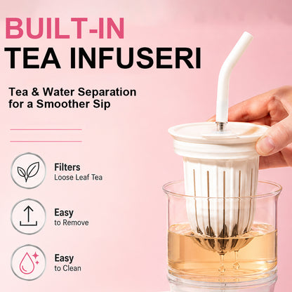 Peliflask 22oz/650ml 3-in-1 Tea Tumbler with Infuser &amp; Straw – Borosilicate Glass Cup + SUS 304 Stainless Steel Insulated Coffee Cup