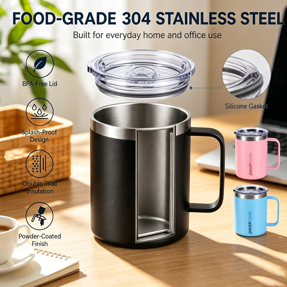 Peliflask 12oz Insulated Coffee Mug with Handle & Splash-Proof Lid – 304 Stainless Steel Thermal Cup for Home, Office & Daily Use