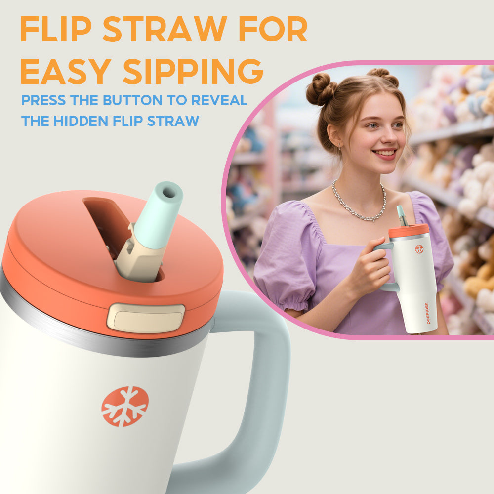 Peliflask 32oz Stainless Steel Insulated Tumbler with Foldable Straw & Handle – Leakproof Travel Cup