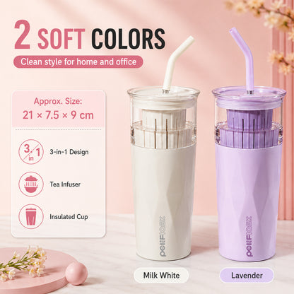 Peliflask 22oz/650ml 3-in-1 Tea Tumbler with Infuser &amp; Straw – Borosilicate Glass Cup + SUS 304 Stainless Steel Insulated Coffee Cup