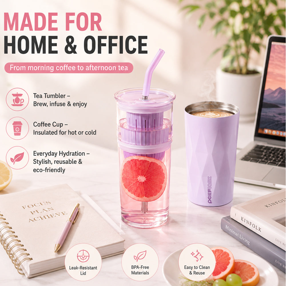 Peliflask 22oz/650ml 3-in-1 Tea Tumbler with Infuser &amp; Straw – Borosilicate Glass Cup + SUS 304 Stainless Steel Insulated Coffee Cup