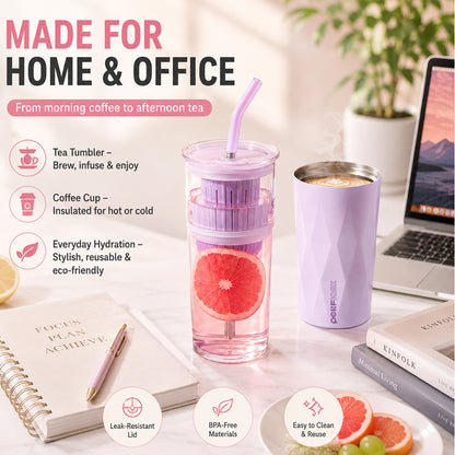 Peliflask 22oz/650ml 3-in-1 Tea Tumbler with Infuser &amp; Straw – Borosilicate Glass Cup + SUS 304 Stainless Steel Insulated Coffee Cup