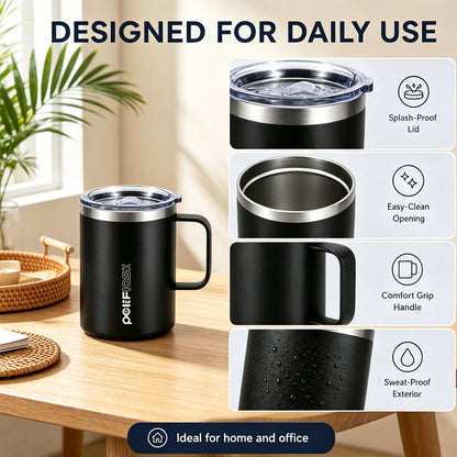 Peliflask 12oz Insulated Coffee Mug with Handle & Splash-Proof Lid – 304 Stainless Steel Thermal Cup for Home, Office & Daily Use